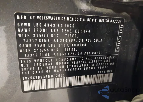 2024 Volkswagen Taos 1.5T S from USA, damaged, VIN 3VV5X7B23RM002653